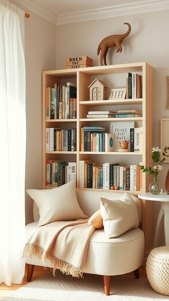 Cozy reading nook with a soft chair, blanket, and a bookshelf filled with books.
