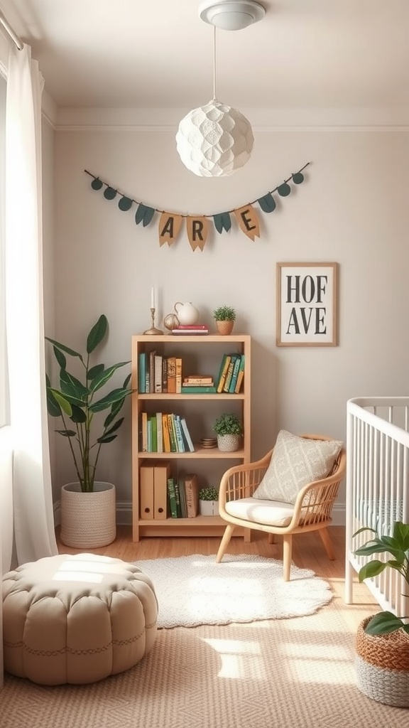 A cozy reading nook in a nursery featuring a wooden bookshelf, a comfortable chair, and soft lighting.