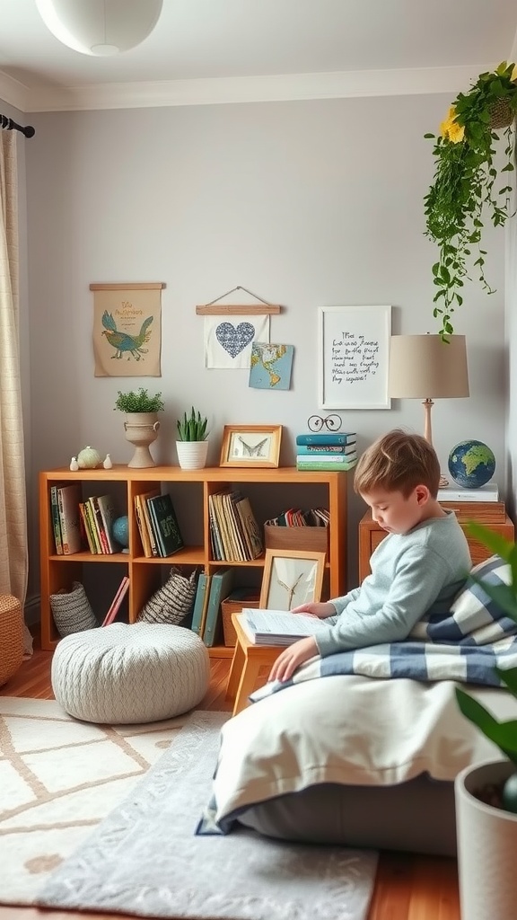 A cozy reading nook for a toddler boy, featuring a bean bag, bookshelves with children's books, and playful wall art.