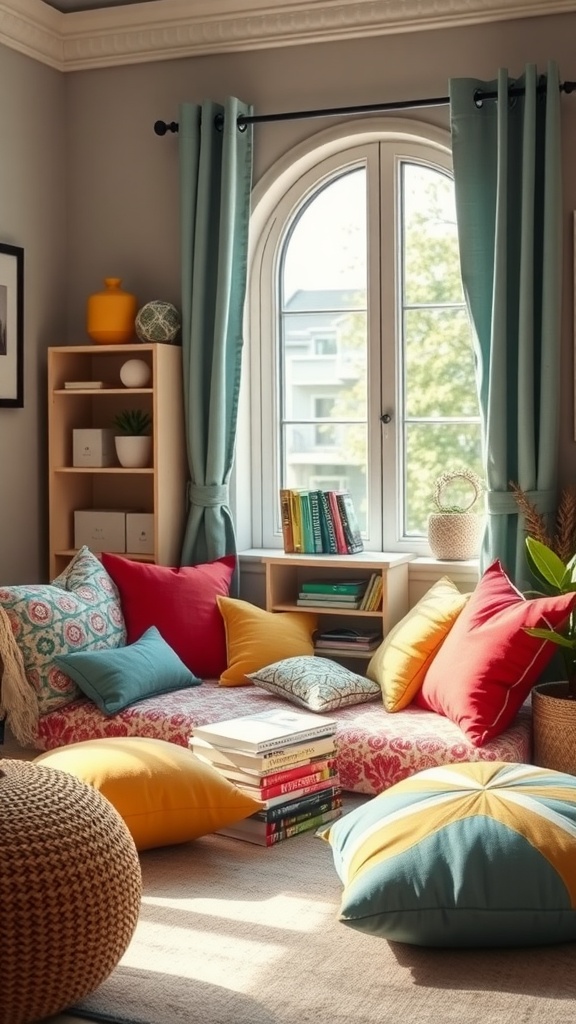A cozy reading nook with colorful cushions, a small bookshelf, and a bright window