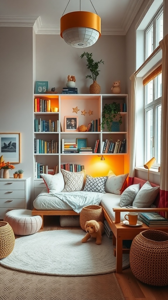 A cozy reading nook in a child's bedroom featuring a daybed, bookshelves, and warm lighting.