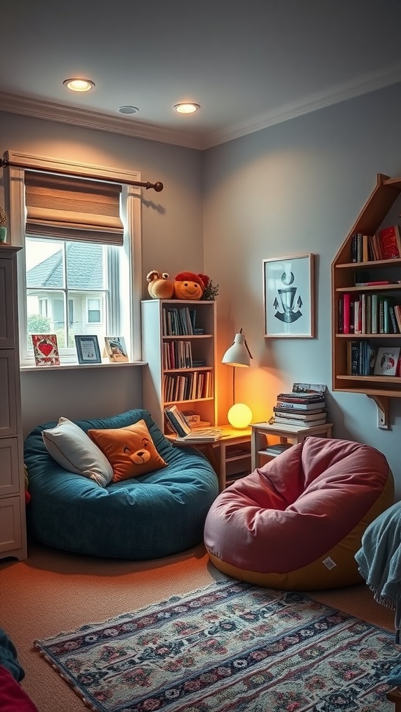 A cozy reading nook with bean bag chairs, a warm lamp, and a bookshelf in a shared bedroom