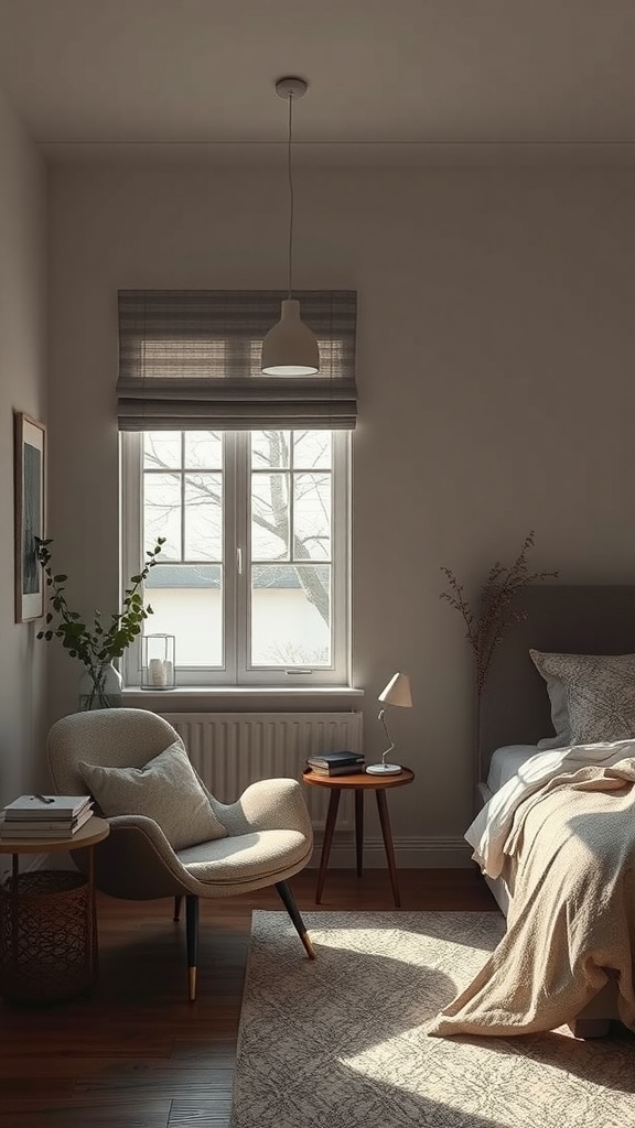 A cozy reading nook in a greige bedroom featuring a comfortable chair, side table, and warm lighting.