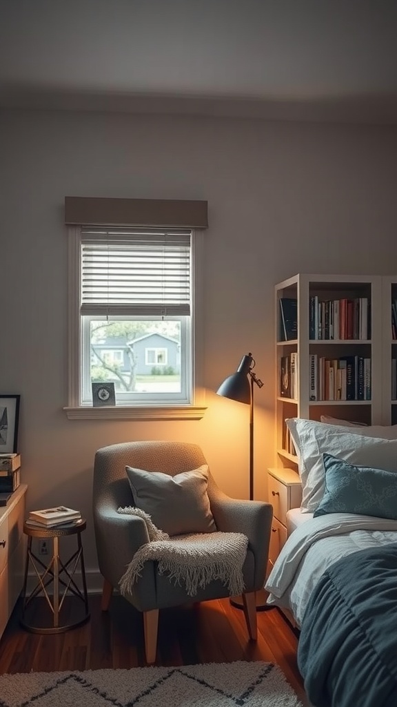 A cozy reading nook with a comfortable chair, lamp, and bookshelf in a bedroom