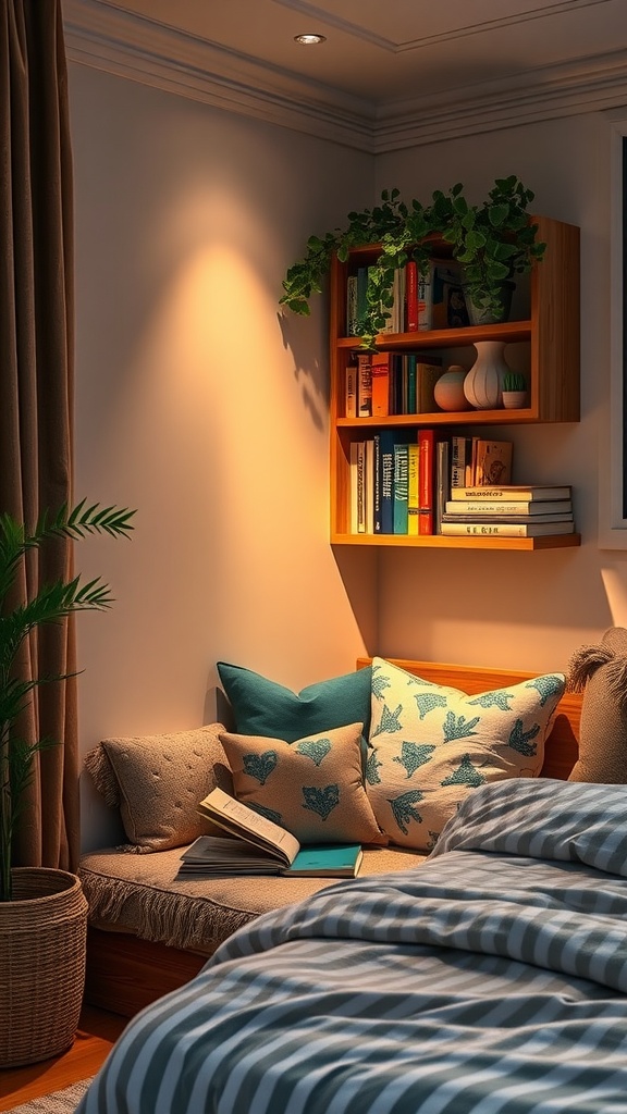 A cozy reading nook with a plush bench, decorative cushions, a small bookshelf, and a potted plant.