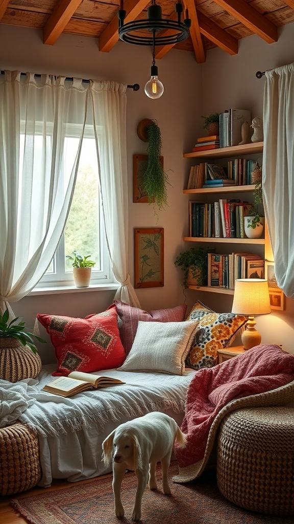 A cozy reading nook with a daybed, colorful pillows, shelves filled with books, and a dog.
