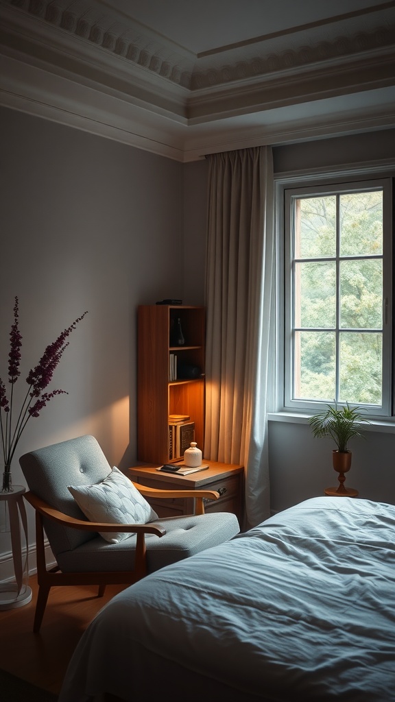 A cozy reading nook with a chair, small table, and window.