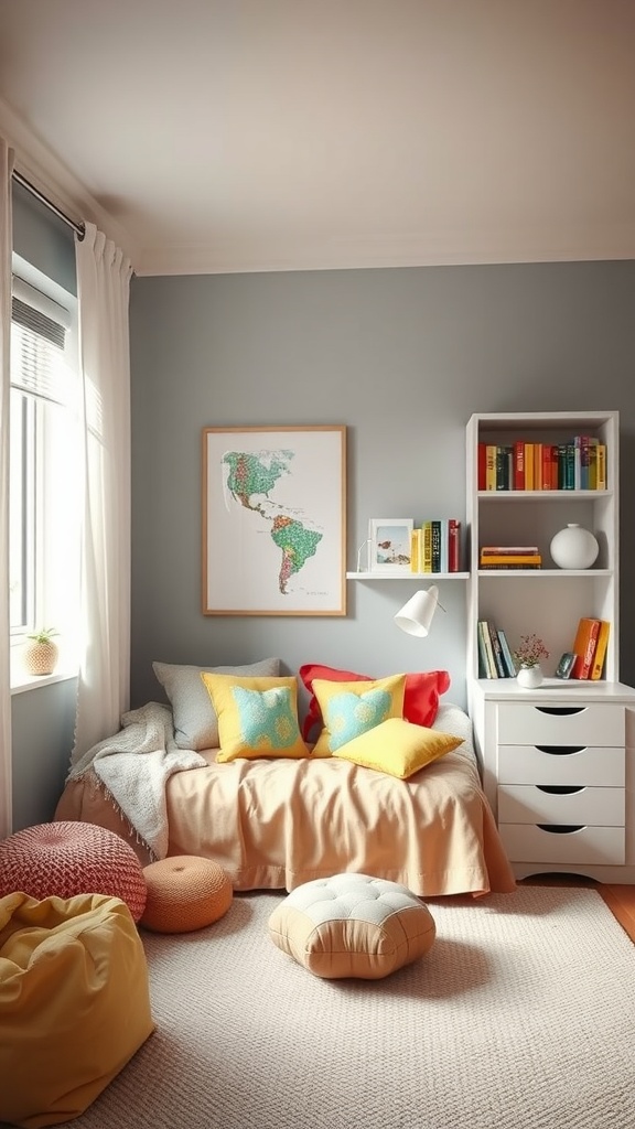 A cozy reading nook in a preschooler's bedroom featuring a bed, colorful pillows, a bookshelf, and soft seating.