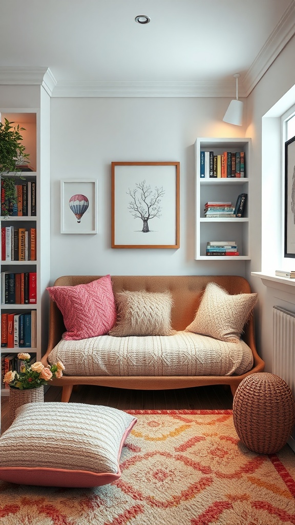 Cozy reading nook with a couch, pillows, a rug, and bookshelves