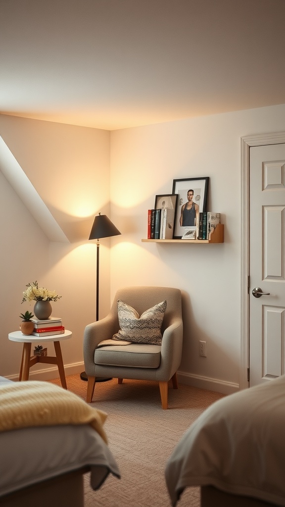 Cozy reading nook in a basement bedroom with a chair, lamp, and books.