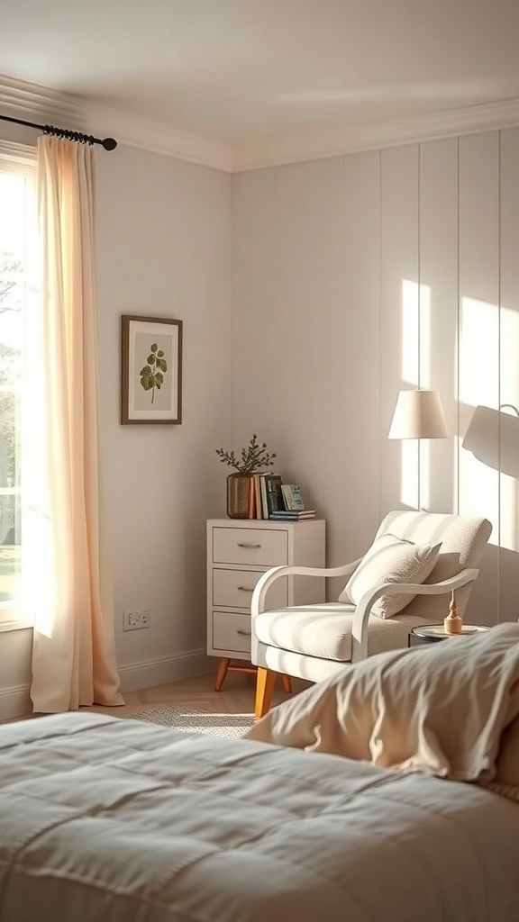 A cozy reading nook in a farmhouse bedroom with a soft armchair, lamp, and books.