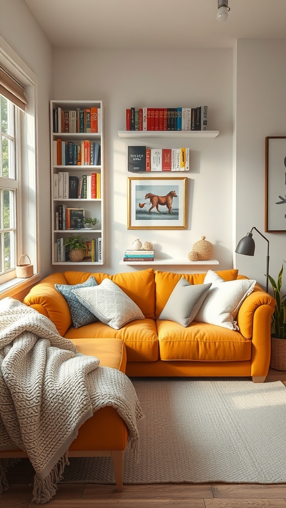 Cozy reading nook featuring a mustard sofa, bookshelves, and warm decor.
