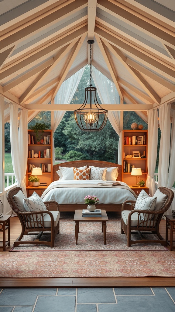 A cozy reading nook in a gazebo with comfortable seating, bookshelves, and natural light.