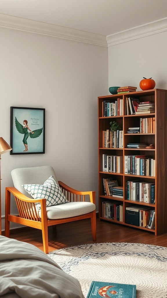 A cozy reading nook with a chair, bookshelf, and decorative items