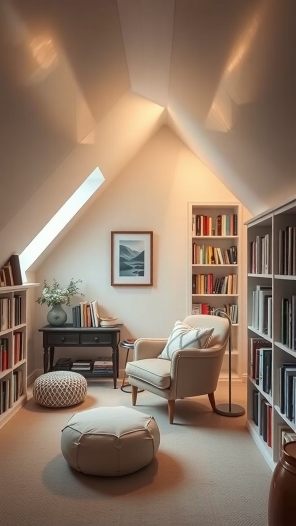 Cozy attic reading nook with an armchair, bookshelves, and soft lighting