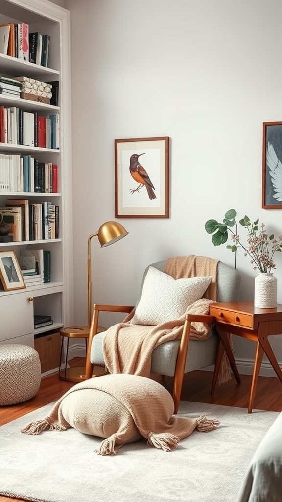 Cozy reading nook featuring a comfortable chair, warm blanket, bookshelf, and decorative elements.