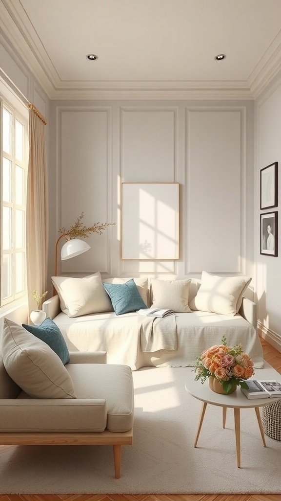 Cozy reading nook with a comfortable sofa, cushions, and a side table with flowers.