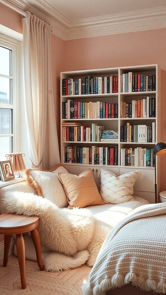 A cozy reading nook with a plush seating area, a bookshelf filled with books, and soft pillows.