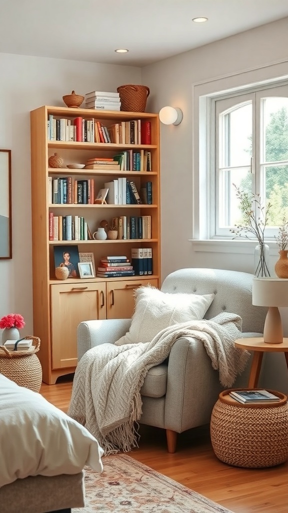 A cozy reading nook featuring a soft armchair, a side table with a lamp, and a bookshelf filled with books.
