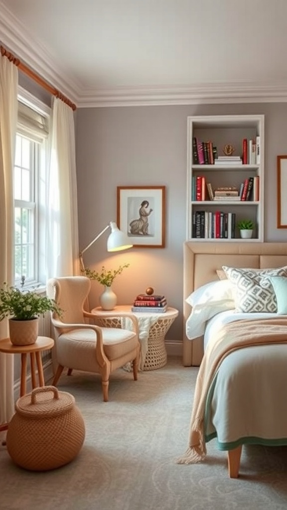 A cozy reading nook in a teen girl's bedroom featuring a soft chair, a side table with books, a lamp, and a bookshelf.