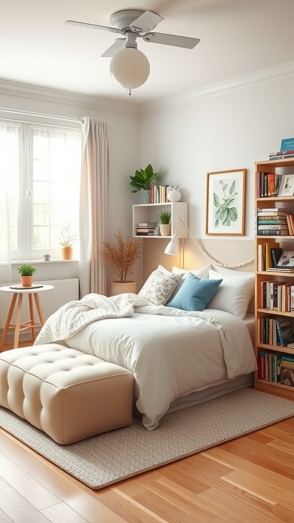 A cozy reading nook in a teen bedroom with a bed, bookshelf, and natural light.