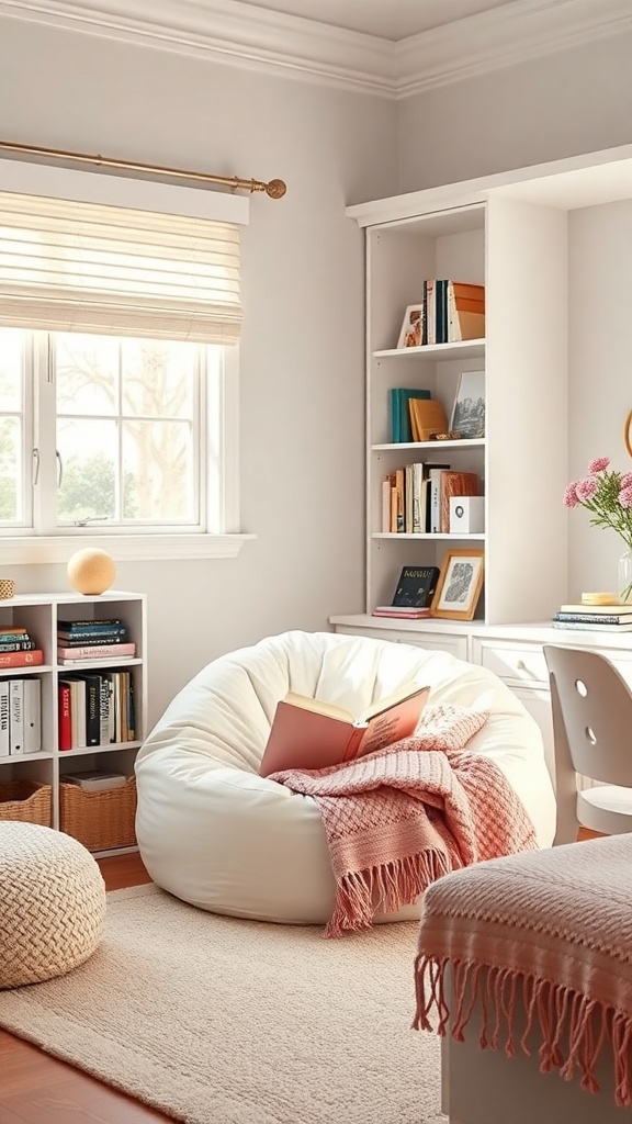 Cozy reading nook with a bean bag chair, bookshelves, and a soft blanket in a well-lit room.