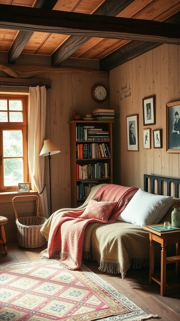 A rustic bedroom featuring a cozy reading nook with a sofa, blankets, a bookshelf, and warm wooden elements.