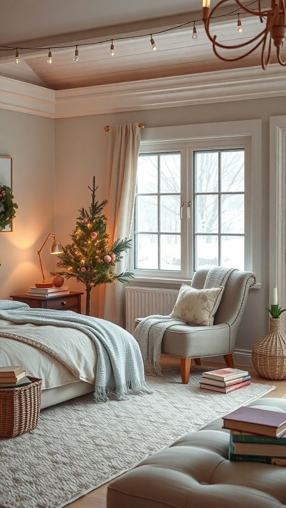 A cozy winter bedroom with a reading nook featuring a plush armchair, a small Christmas tree, and stacks of books.