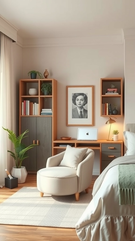 Cozy reading nook in a bedroom office combo with a comfortable chair, desk, and bookshelves.
