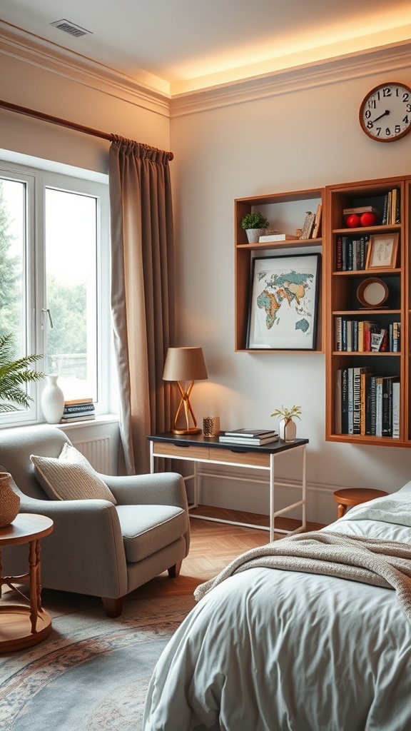 A cozy reading nook in a bedroom featuring an armchair, side table, and bookshelf.