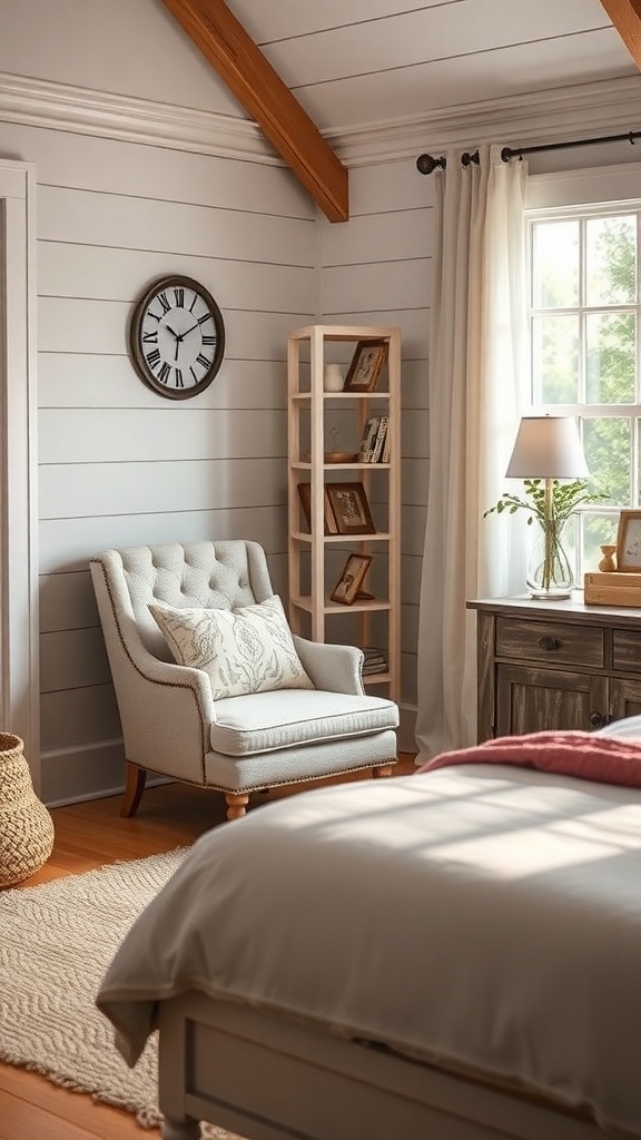 Cozy reading nook in a farmhouse bedroom with an armchair, bookshelf, and natural light