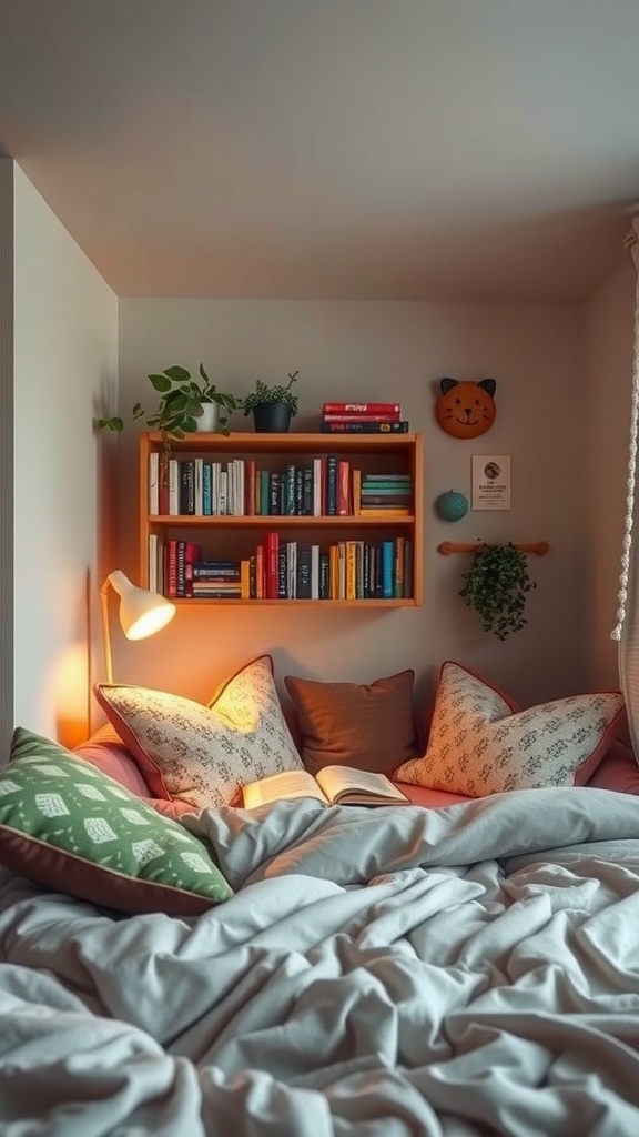 Cozy reading nook with pillows, blankets, a bookshelf, and a lamp in a shared bedroom.