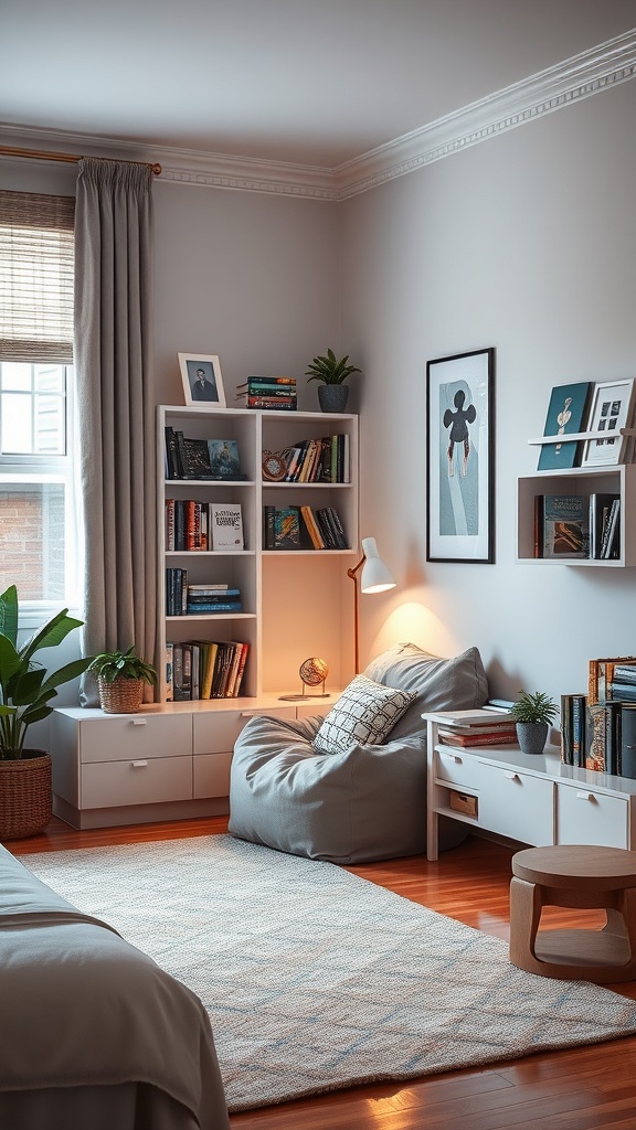 Cozy reading nook with a bean bag chair, bookshelves, and warm lighting