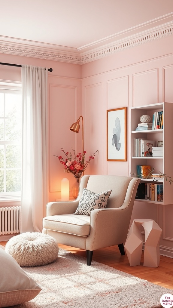 Cozy reading nook in a pink bedroom with a beige armchair, fluffy pouf, and a bookshelf.