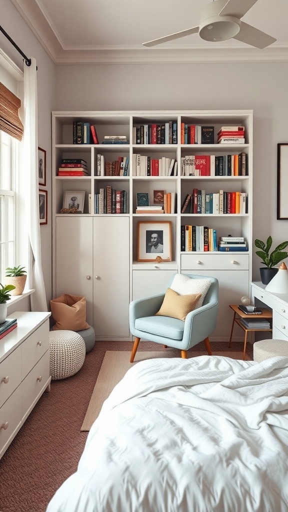 Cozy reading nook with a blue chair, bookshelf filled with books, and decorative items.