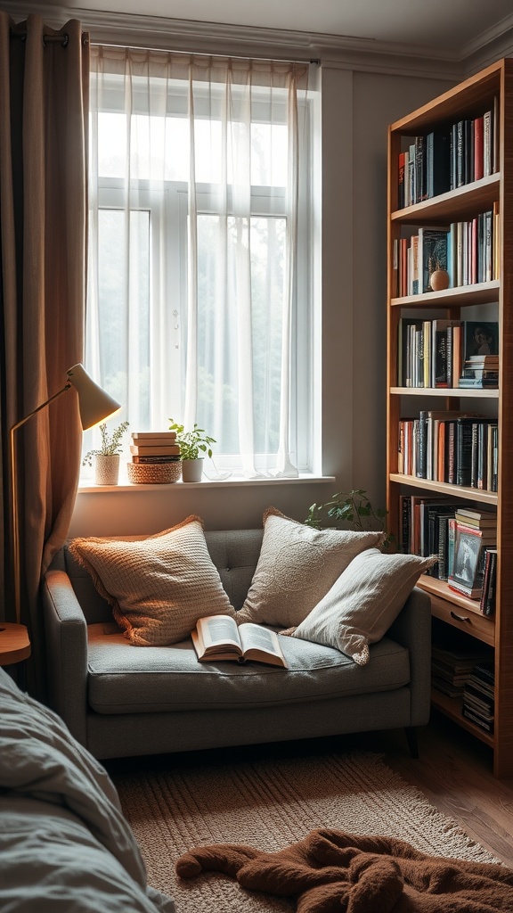 A cozy reading nook with a gray couch, cushions, and a lamp, surrounded by bookshelves and a window.