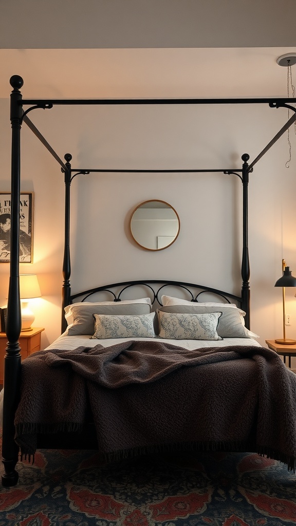 A cozy four-poster bedroom with a reading nook