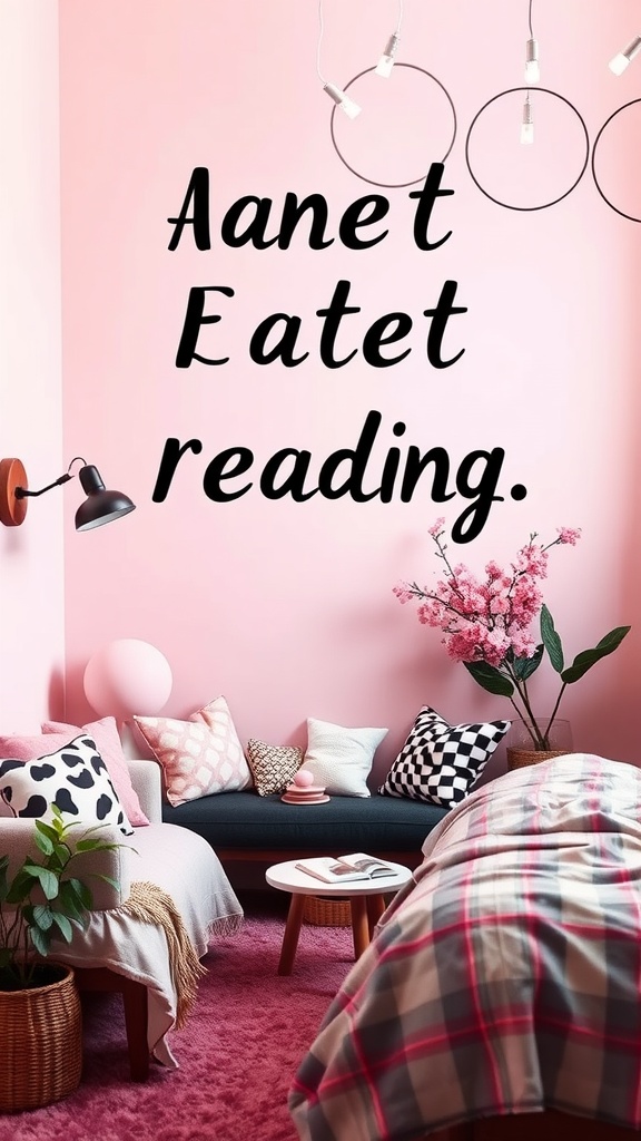 Cozy reading nook in a pink and black bedroom with cushions, plants, and warm lighting.