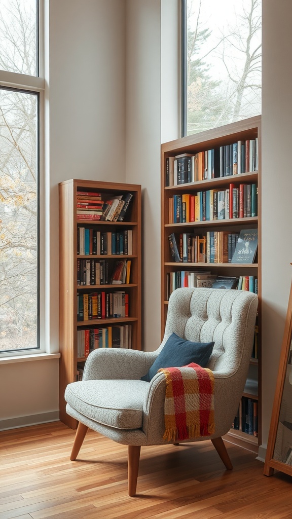 Cozy reading nook with a chair, colorful throw, and bookshelves by the window.