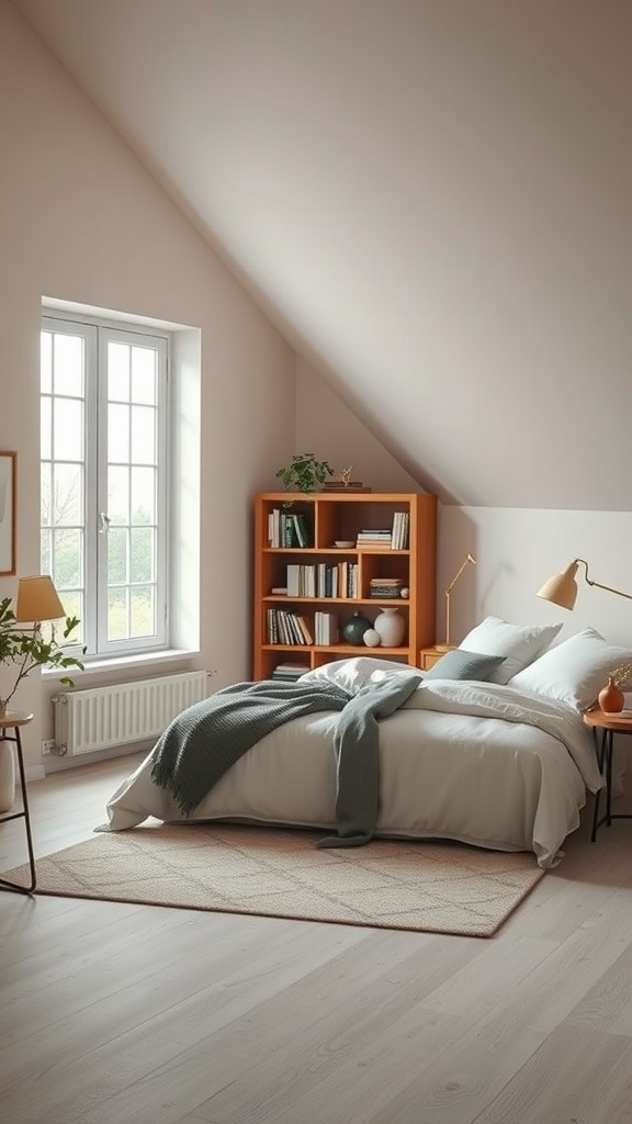 A cozy loft-style bedroom featuring a reading nook by the window with a bed, bookshelf, and warm decor.