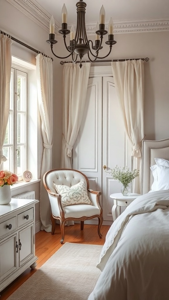 A cozy reading nook by the window in a French country bedroom featuring a plush chair, soft curtains, and a small side table.