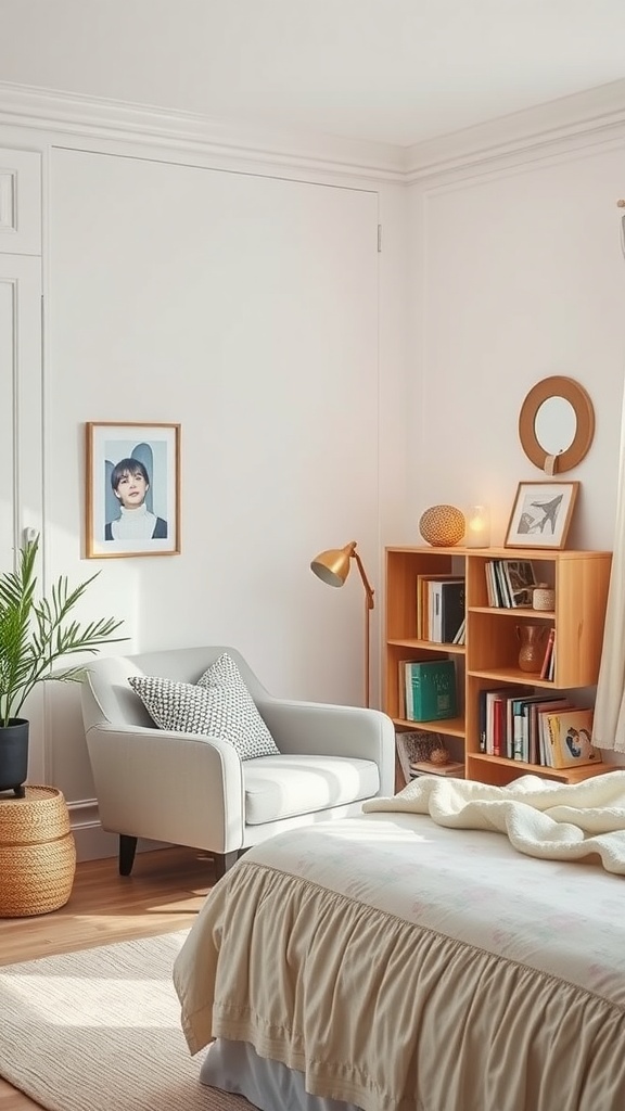 Cozy reading nook in a masculine small bedroom with a gray armchair, bookshelf, and warm lighting.