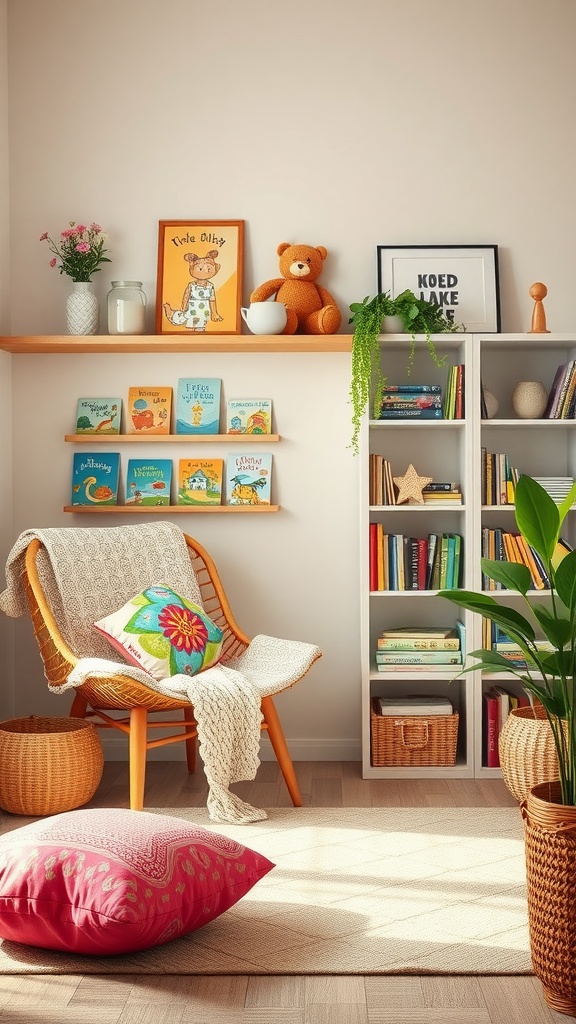 A cozy reading nook with a comfortable chair, colorful pillows, and a bookshelf filled with children's books.