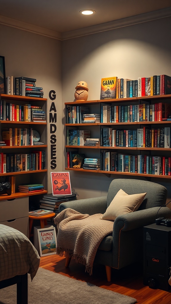 Cozy reading nook in a gaming bedroom with bookshelves, an armchair, and a blanket.