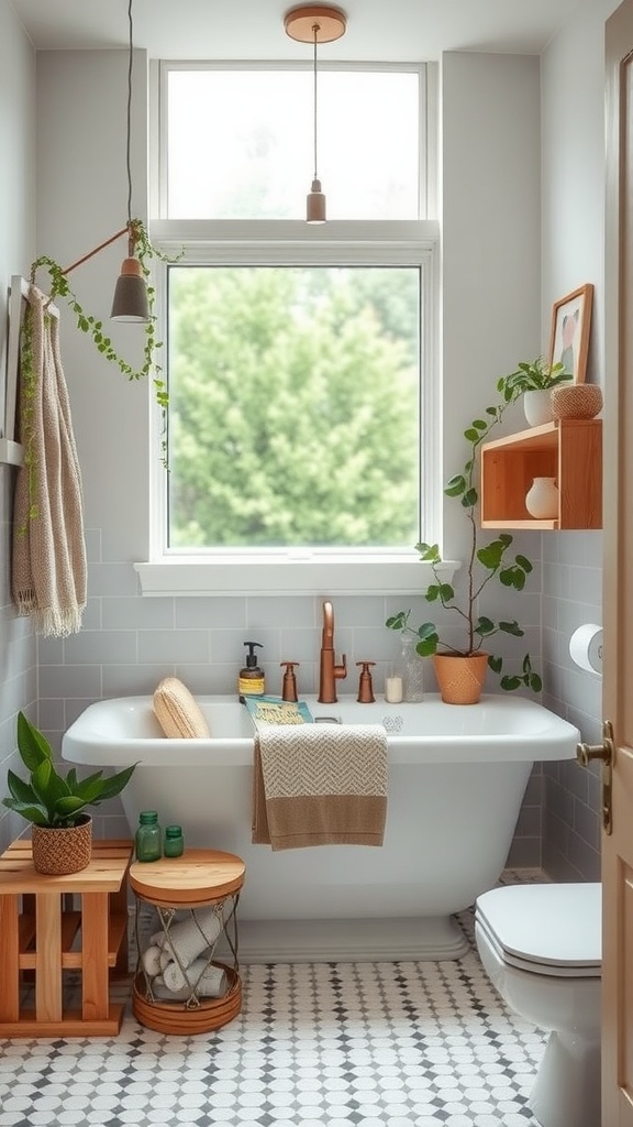 A cozy bathroom with a reading nook featuring a window, plants, and a bathtub.