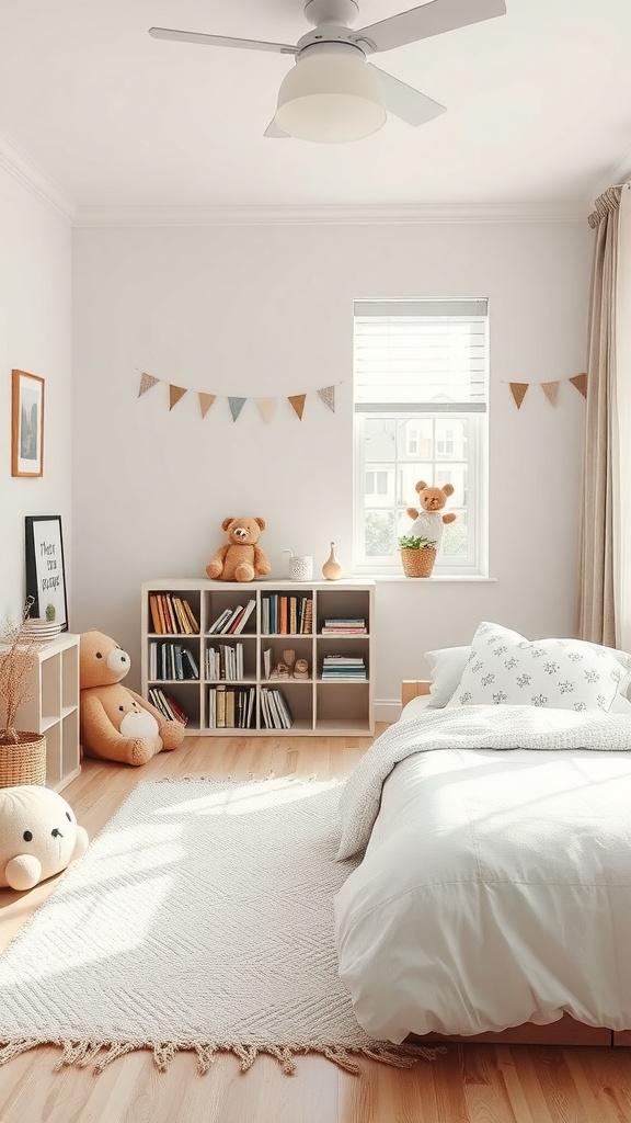 A cozy reading nook in a kindergarten bedroom featuring a bed, bookshelf, plush toys, and a soft rug.