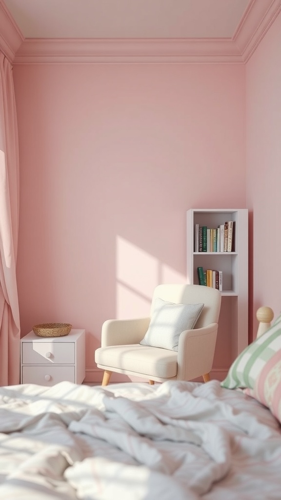 A cozy reading nook in a soft pastel bedroom featuring a pink wall, a white armchair, a small side table, and a bookshelf.