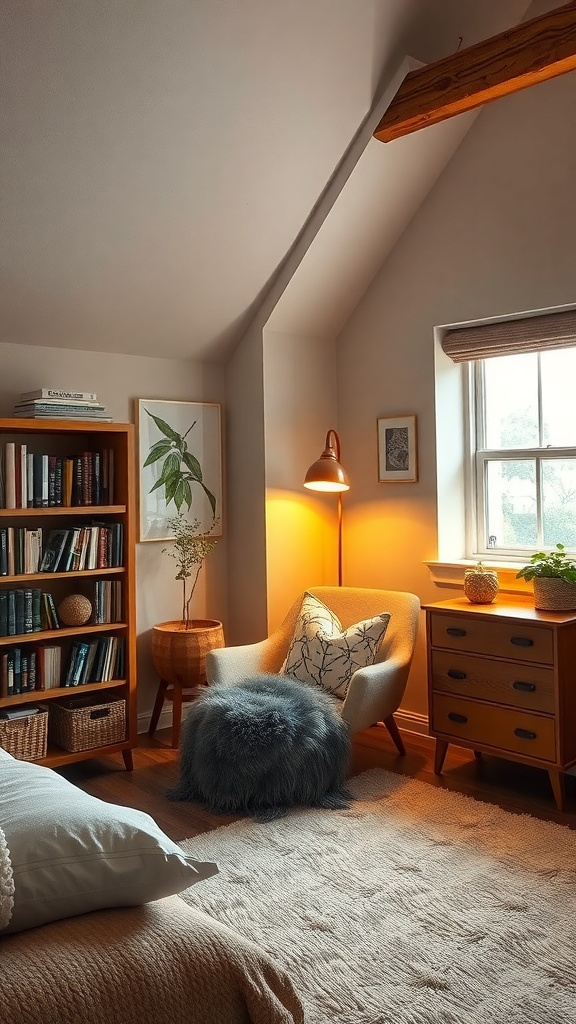 Cozy reading nook in a loft with a chair, lamp, bookshelves, and a fluffy pouf.