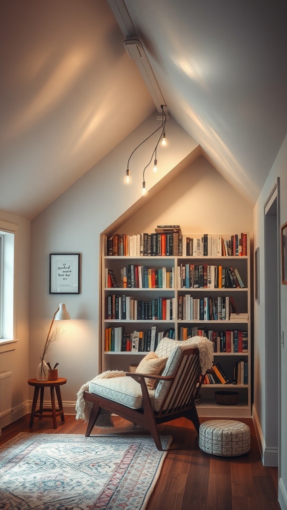 Cozy reading nook in an attic with a chair, bookshelf, and warm lighting