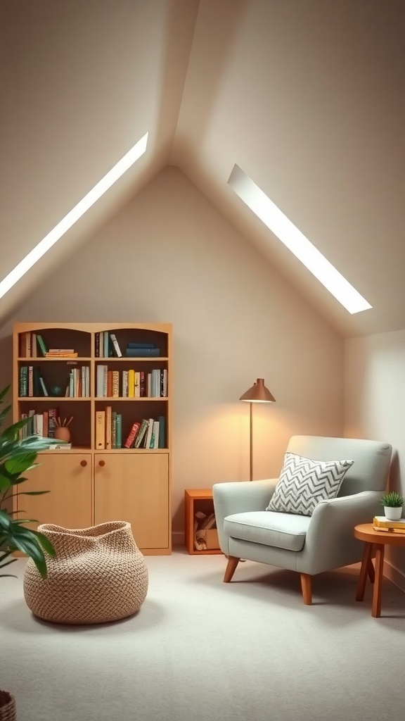 Cozy reading nook under a sloped ceiling with a chair, bookshelf, and warm lighting.
